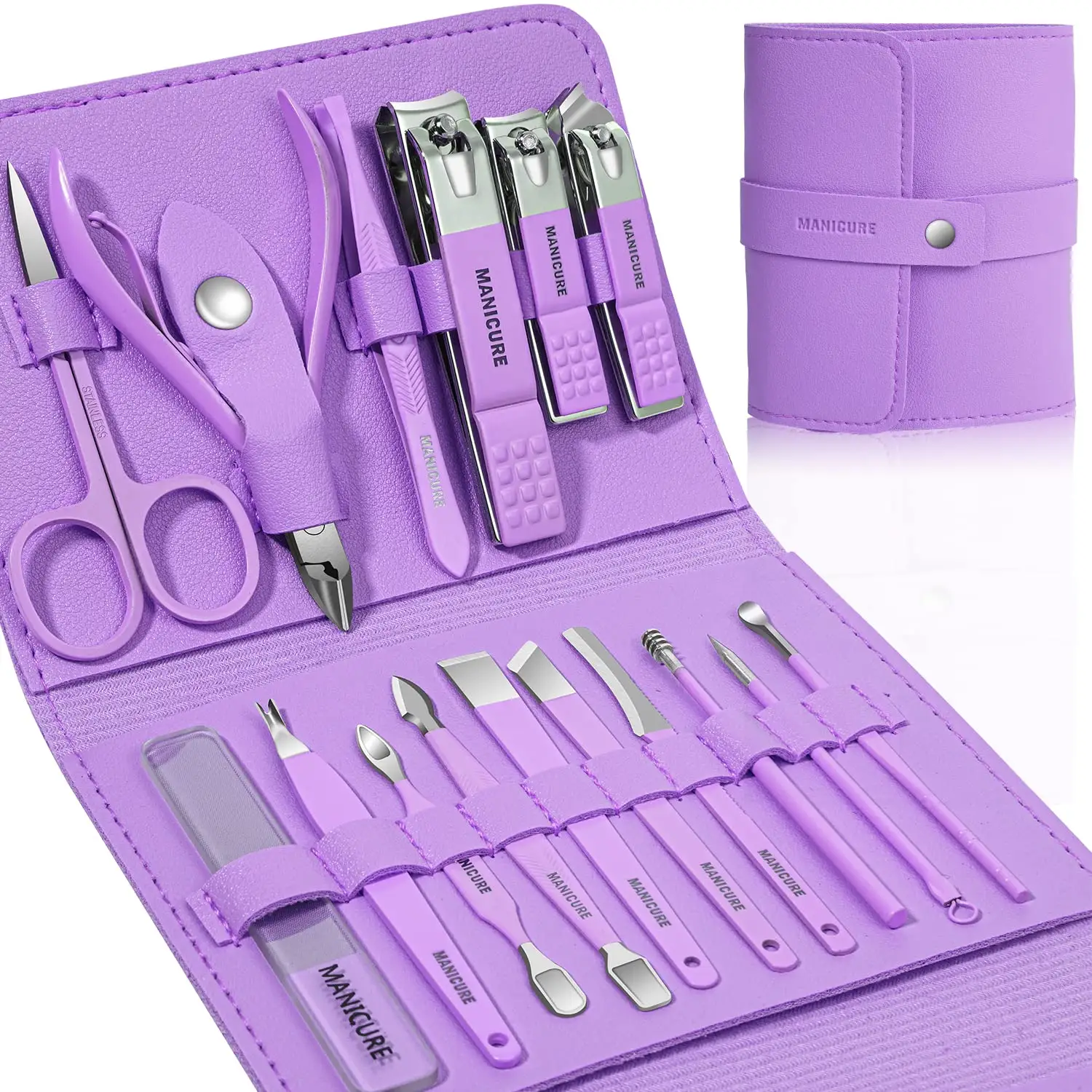 H26b24b850e9f44a4a5a25161aa1a0834k.webp Pflegeset mit luxuriösem Leder, Maniküre-Set, 16-teilig, Edelstahl, professionelle Nagelknipser, Pediküre-Sets, Nagelpflege-Werkzeug - Image 1